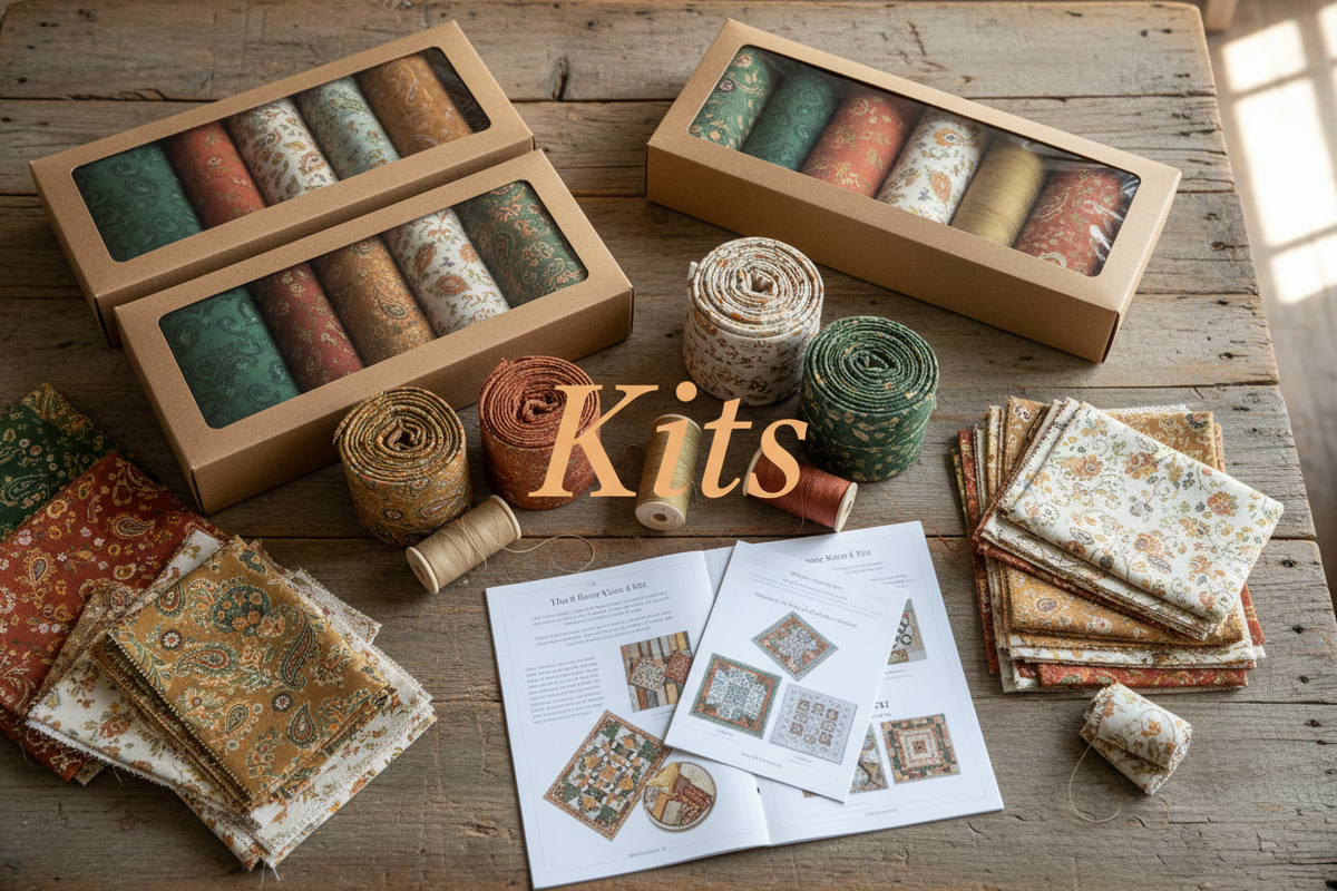 Curated quilt and sewing kits with coordinated fabrics and project instructions