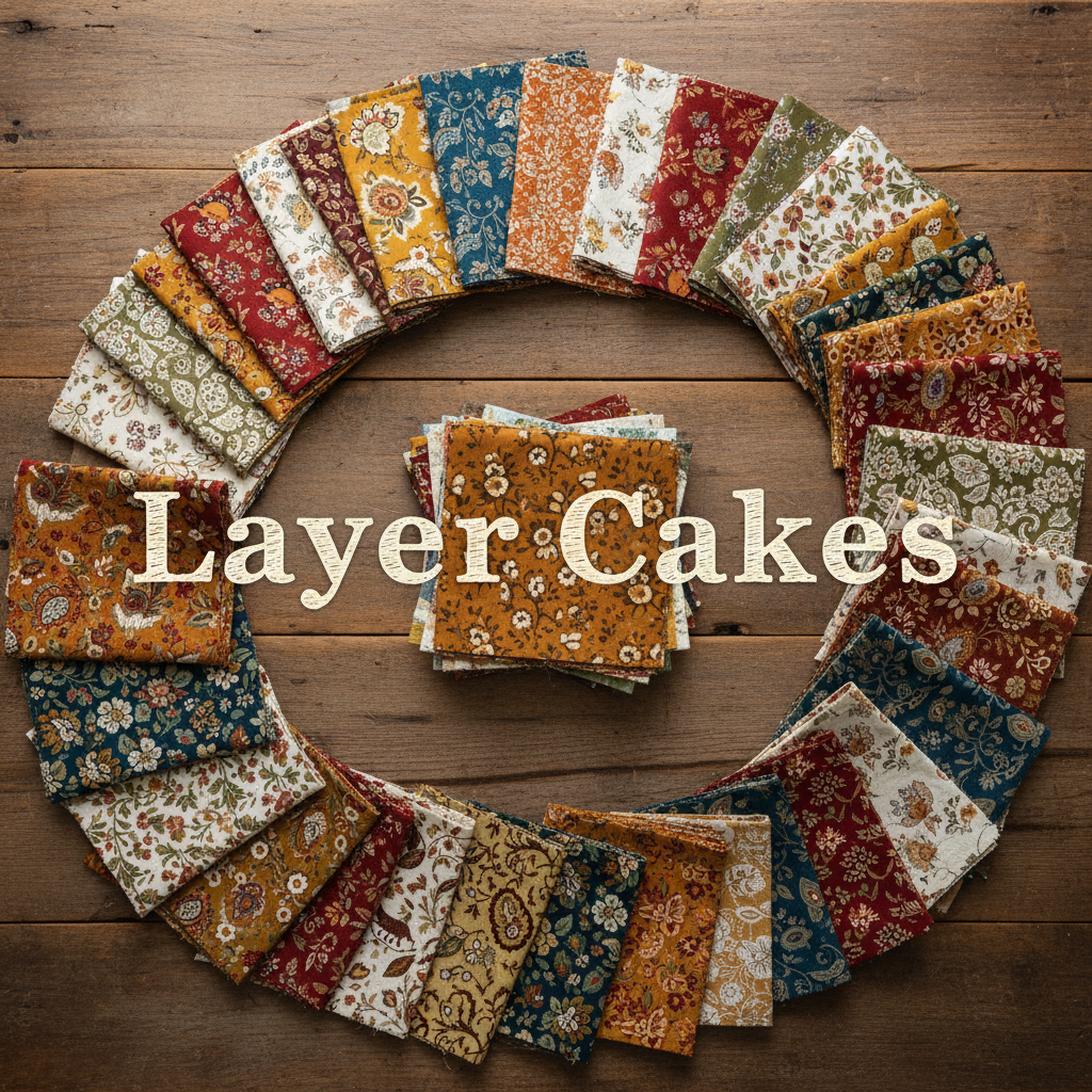 Stacked layer cake fabric bundles with coordinated 10-inch squares in designer prints