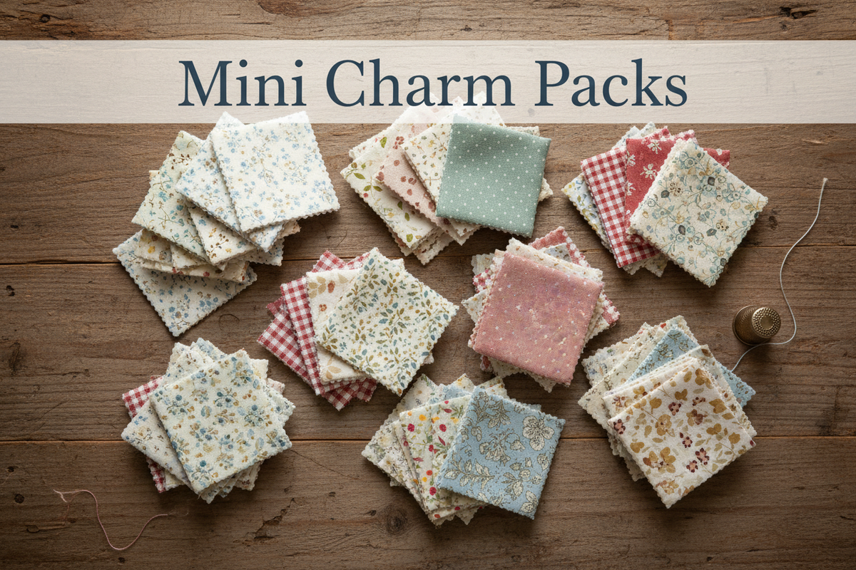Stacks of mini charm pack fabrics on a wooden surface