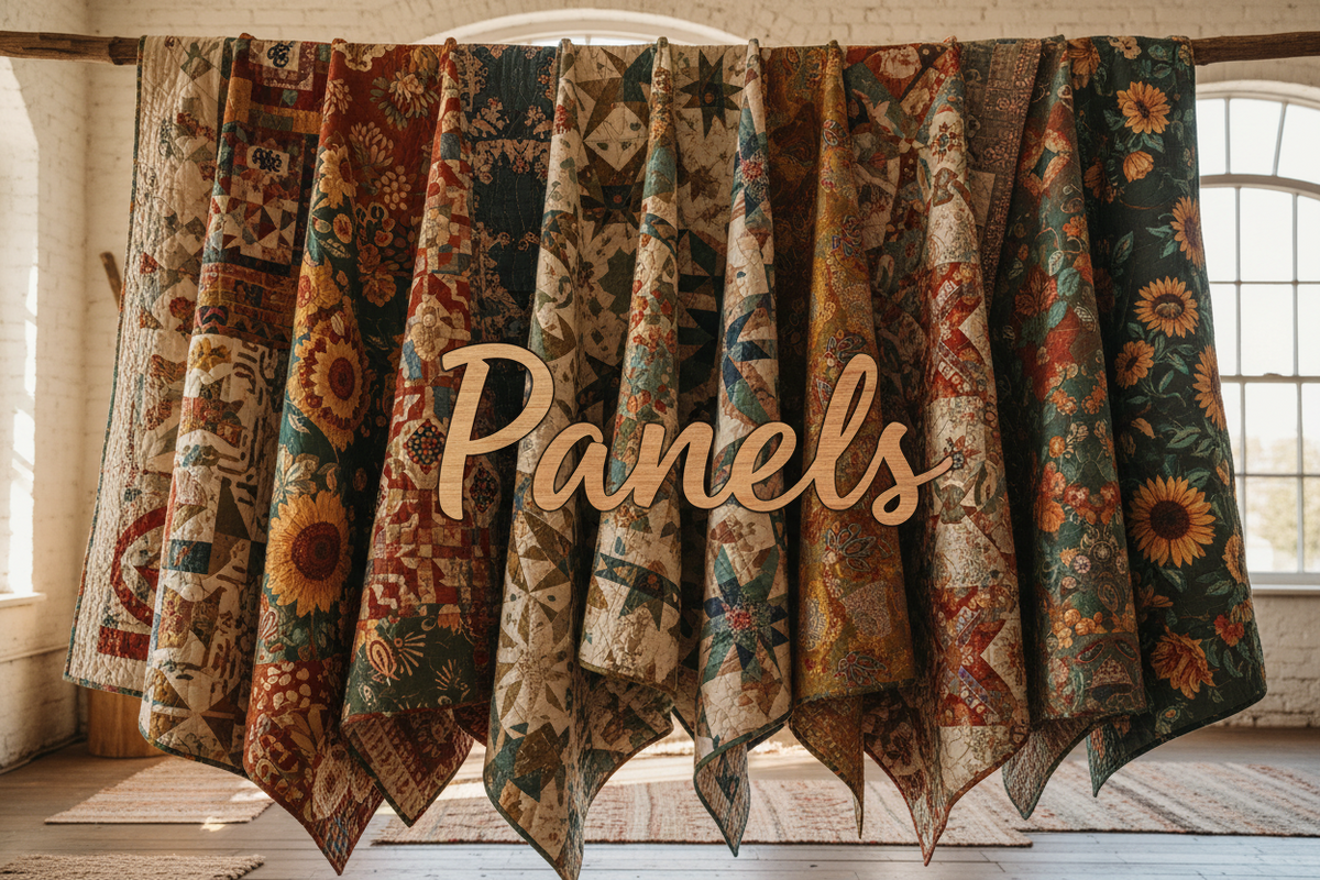Large-scale quilting fabric panels in a variety of designer themes and styles