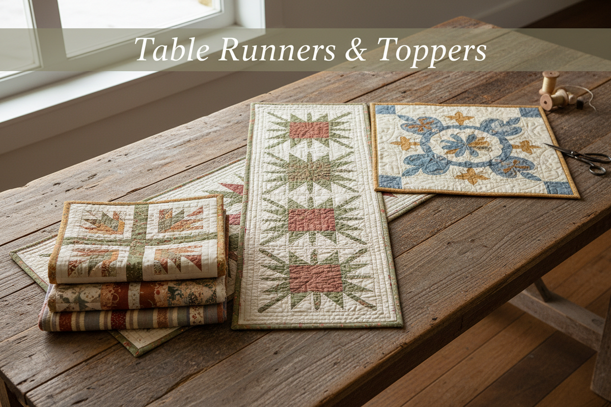 Handmade quilted table runners and toppers from Green Acres Timber and Threads