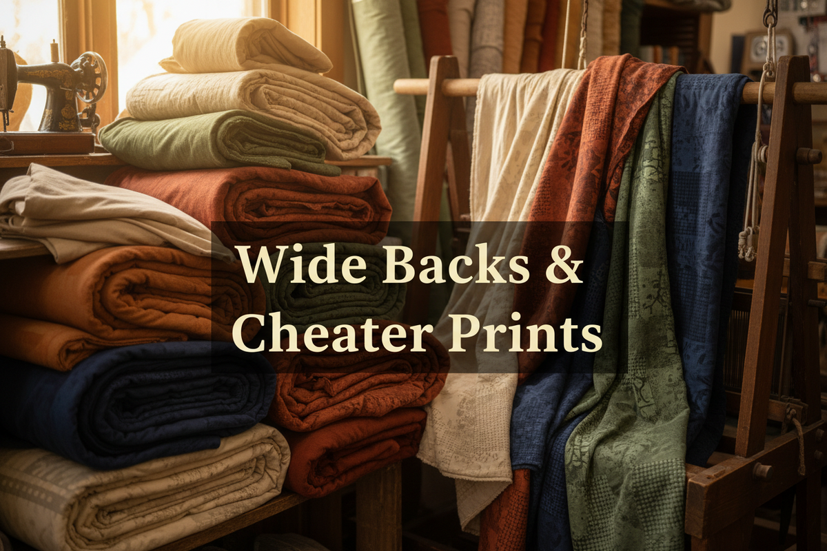 Wide back and cheater print quilting fabrics for seamless quilt backing in a variety of designs