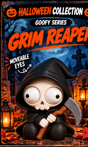 Goofy Grim Reaper 3D print figurine from the Halloween Collection Goofy Series, featuring moveable eyes, sitting with a scythe in a spooky graveyard setting