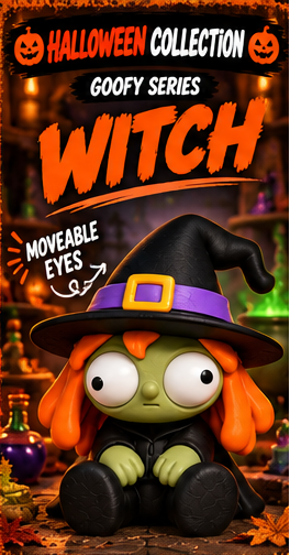 Halloween-themed collectible figure in the Goofy Series, featuring a green-skinned character with orange hair wearing a black witch hat with a purple band and yellow buckle, seated in a spooky potion-lab setting. Text on the image highlights 'Halloween Collection', 'Goofy Series', and 'Witch', with 'Moveable Eyes' shown as an interactive feature.