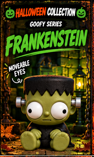 Halloween Collection Goofy Series Frankenstein figure with moveable eyes, shown in a spooky green-lit laboratory setting with promotional text overlays.
