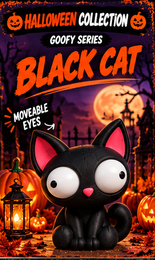 A Halloween-themed product graphic featuring a black cat figurine with large white eyes and pink inner ears, set in a spooky graveyard scene with pumpkins, a lantern, and a full moon. Text at the top reads 'HALLOWEEN COLLECTION', 'GOOFY SERIES', and 'BLACK CAT'.