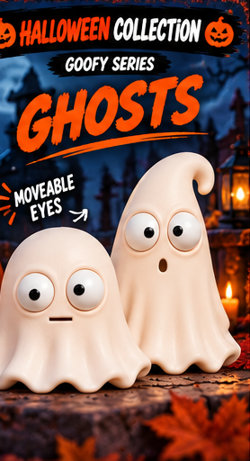 Two cute ghost-shaped figurines with large googly eyes, labeled 'GOOFY SERIES GHOSTS' and 'MOVEABLE EYES', set against a spooky Halloween background with pumpkins and candles.