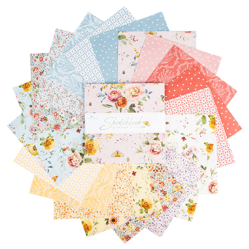Collection of floral and patterned fabric squares with a 'Heirloom' label on a white background.