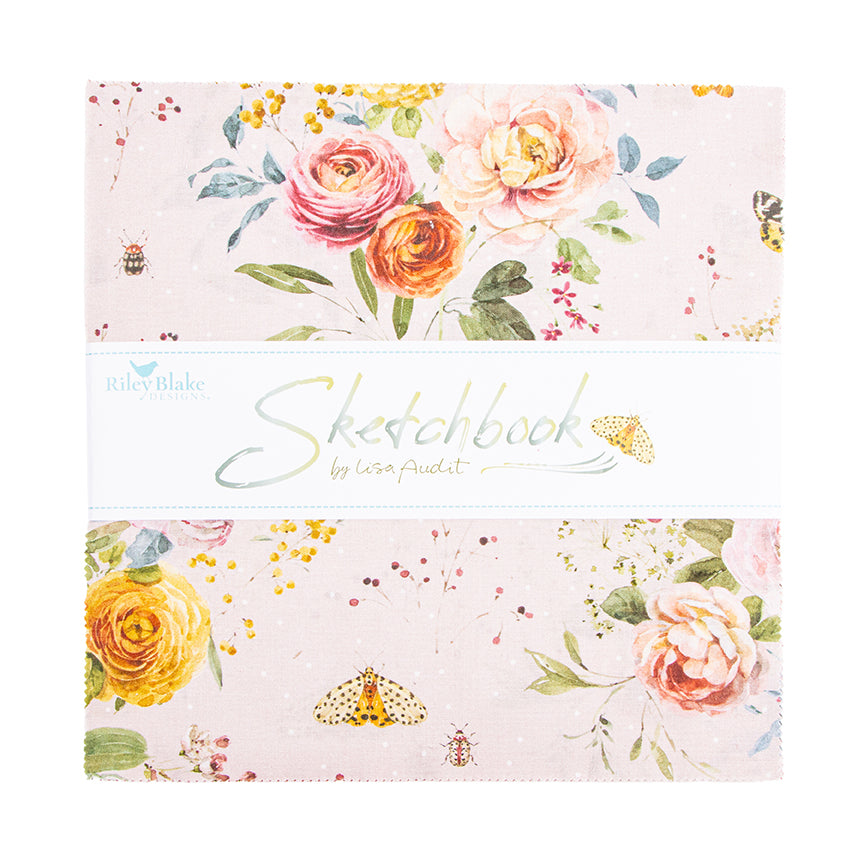 A fabric layer cake called 'Sketchbook' by Lisa Audit featuring a light pink floral pattern with watercolor roses, butterflies, and leaves.