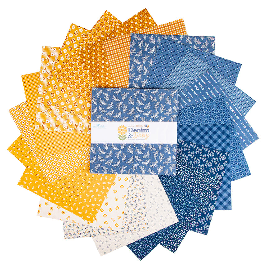 Denim & Daisy 10 inch stacker squares by Lori Holt fanned in a circle, showing denim blue and daisy yellow prints.