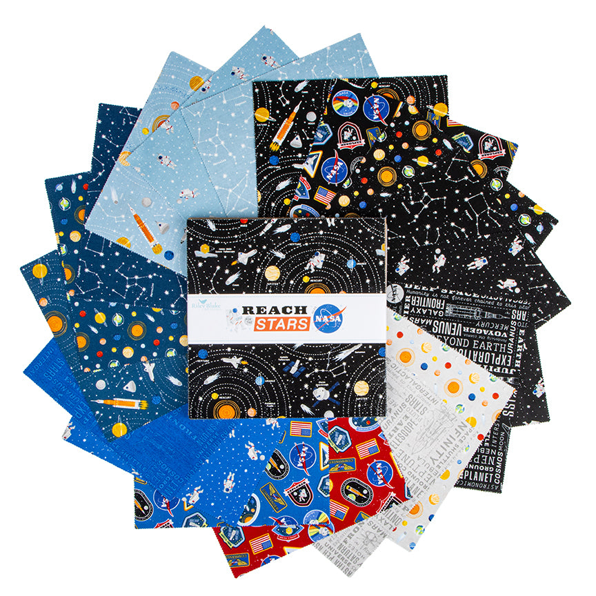 Reach for the Stars with NASA 10 inch stacker squares fanned in a circle, showing the space prints.