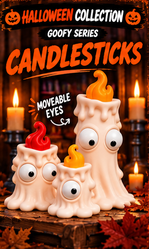 Three Halloween ghost-shaped candlesticks with large plastic eyes and flame-shaped tops in red, orange, and yellow, displayed on a wooden surface with candles and autumn leaves in a spooky setting. Text at the top reads 'Halloween Collection Goofy Series Candlesticks' and 'Moveable Eyes'.