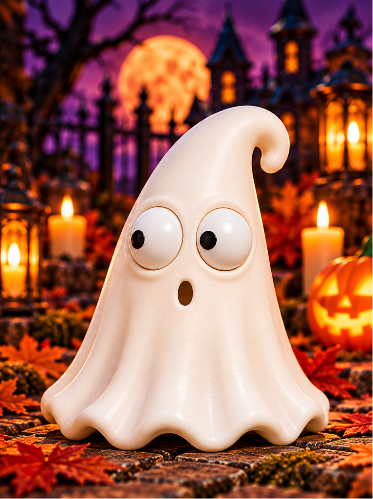 A Halloween decoration showing a small ghost-shaped figurine with large cartoon eyes. The ghost shows a surprised expression with its mouth open.