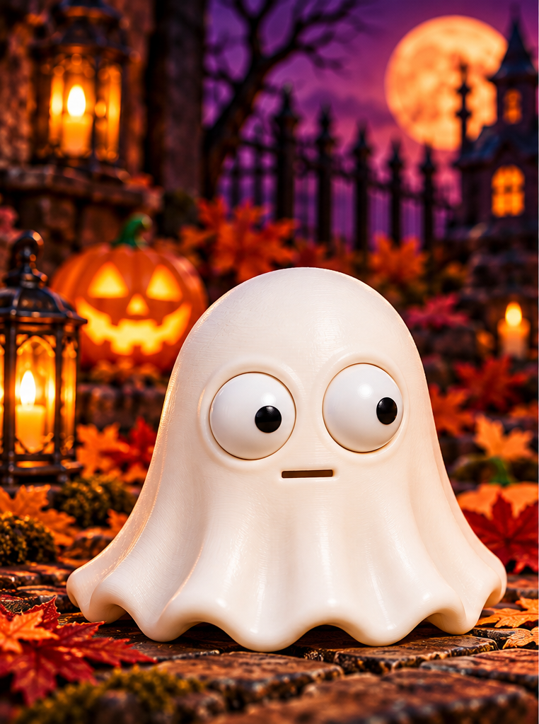 A Halloween decoration showing a small ghost-shaped figurine with large cartoon eyes. The ghost shows a neutral, slightly open-mouthed expression.  There is a spooky backdrop.