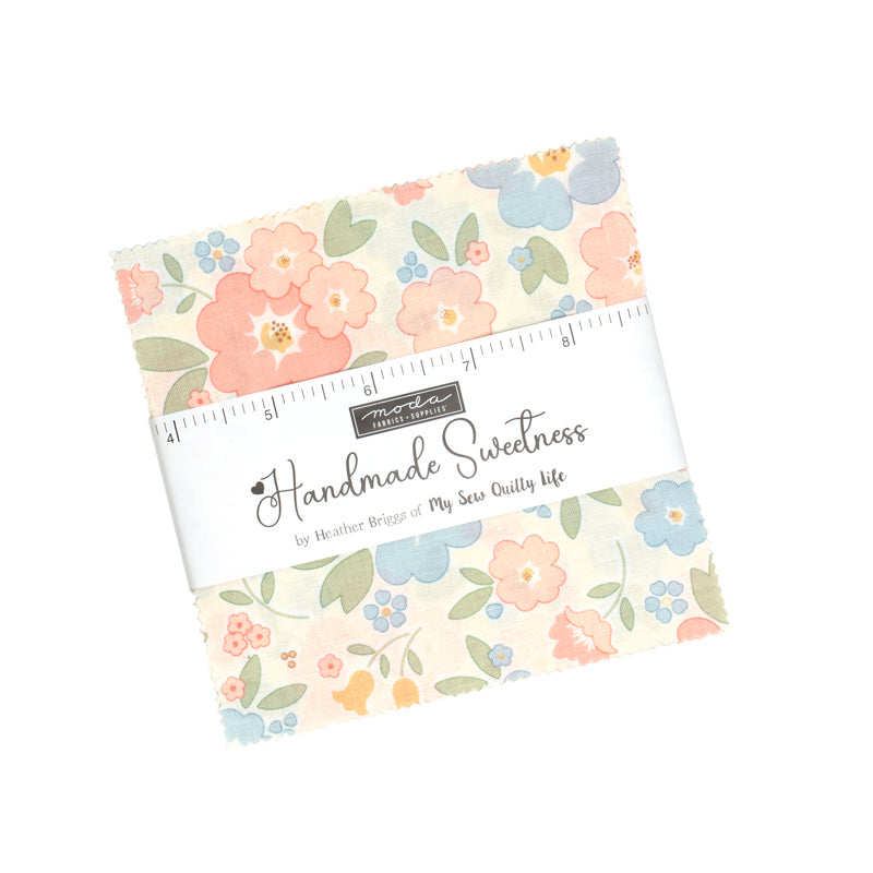 Handmade Sweetness by Heather Briggs of My Sew Quilty Life for Moda — fabric swatches in soft pink, peach, yellow, blue, sage, and cream with florals, ditsy flowers, bows, daisy medallions, and gingham.