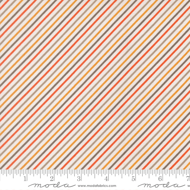 White fabric swatch with light gray, orange, yellow, and charcoal stripes.