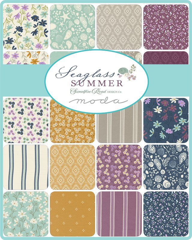 Collection of fabric swatches with various patterns and colors, featuring the 'Seaglass Summer' collection by Moda.
