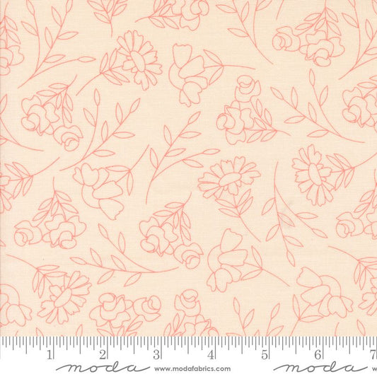 A close-up of a fabric pattern featuring coral-pink floral line drawings on a pale pink background, with a ruler and Modas Fabrics branding along the bottom edge.