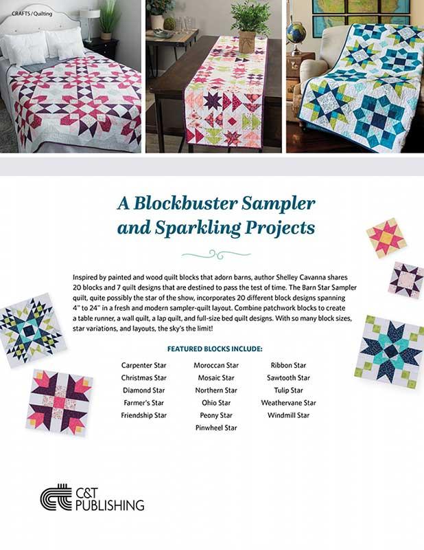 Book back cover for the C&T Publishing 'A Blockbuster Sampler and Sparkling Projects' quilt book. The top section features three photographs of colorful quilted blankets in living room settings.