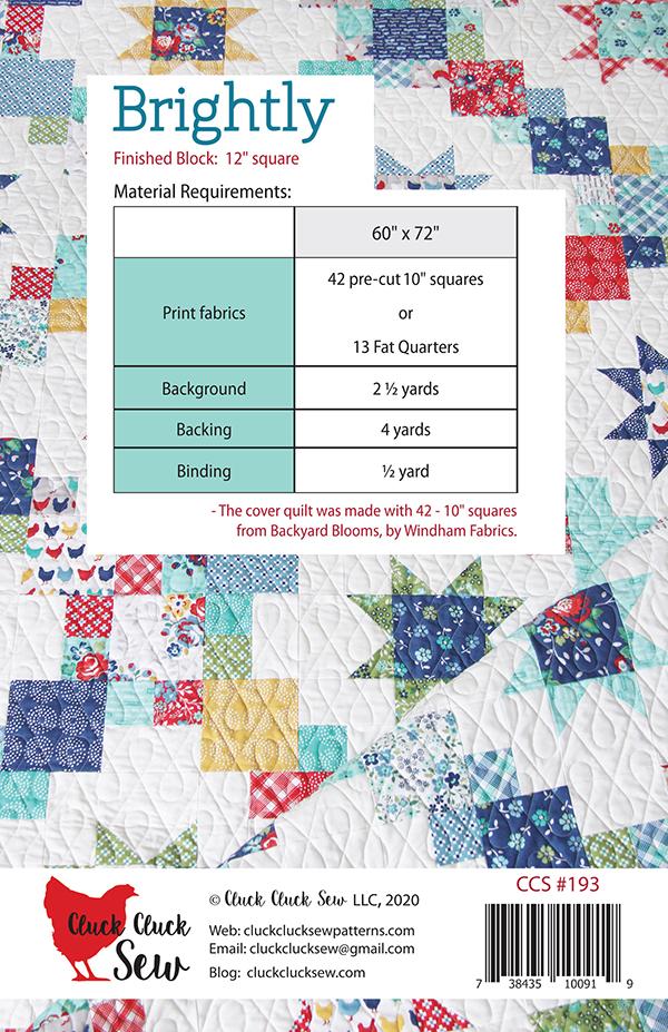 Quilt pattern back page with colorful quilt design and material requirements.