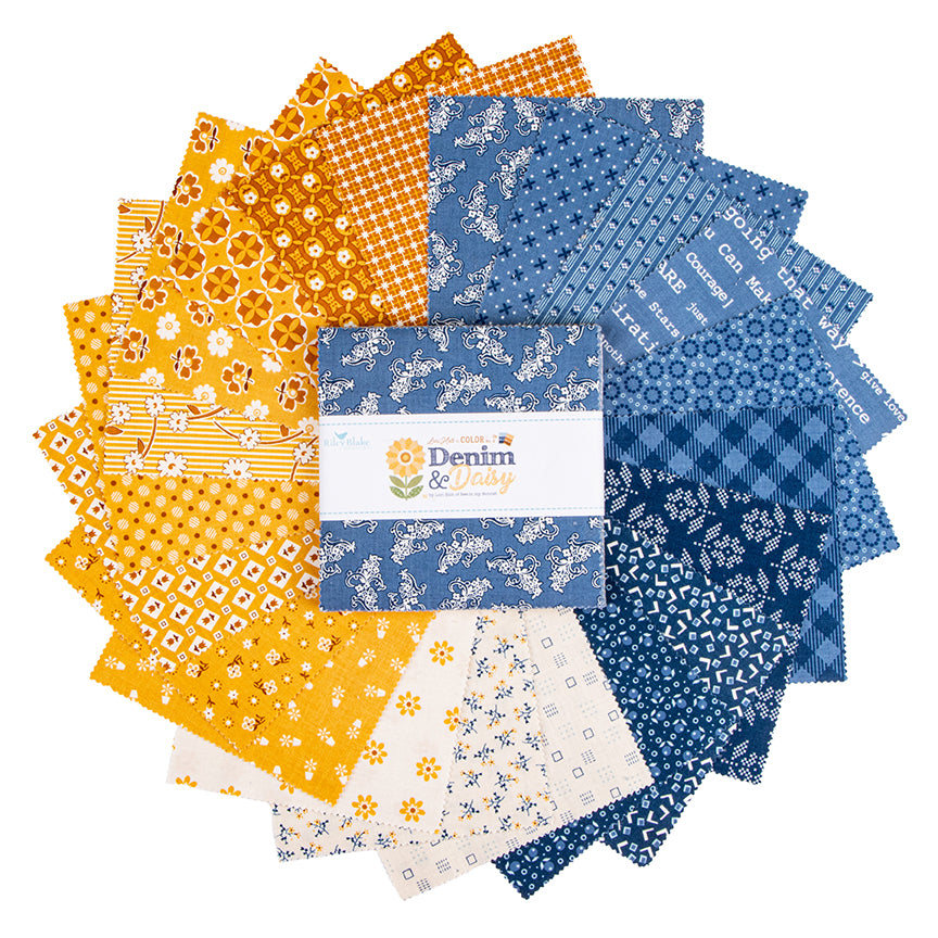 Denim & Daisy 5 inch stacker squares by Lori Holt fanned in a circle, showing denim blue and daisy yellow prints.