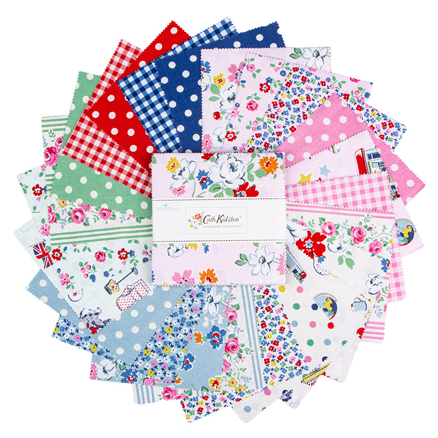 A charm square pack of fabric featuring bright colors fanned to show all fabrics. 