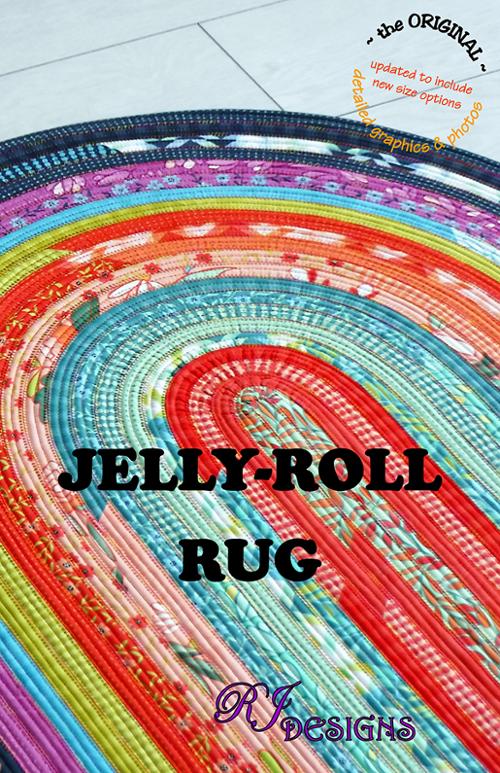 Colorful pattern for a jelly-roll rug with 'Jelly-Roll Rug' text and 'RJ Designs' branding.