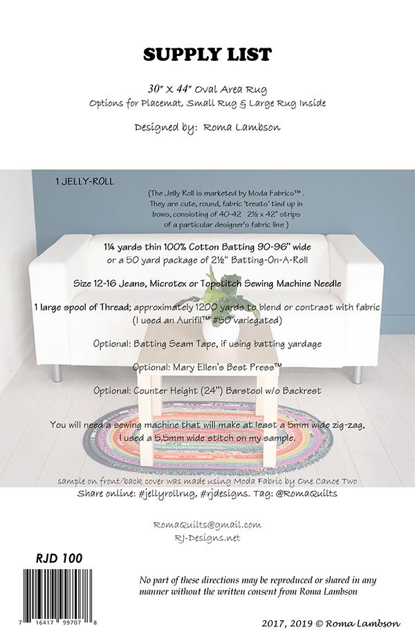 Supply list for a jelly roll rug quilting project with text and graphics on a white background