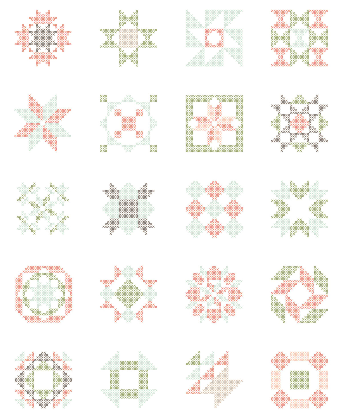 A panel of 20 quilt block patterns in soft pastel colors including sage green, dusty pink, light blue, and light gray on a white background.