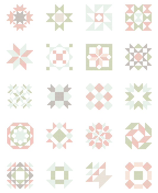 A panel of 20 quilt block patterns in soft pastel colors including sage green, dusty pink, light blue, and light gray on a white background.