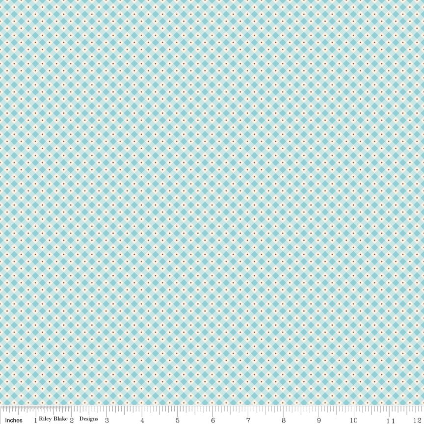 Blue and white checkered fabric pattern with tiny red dots
