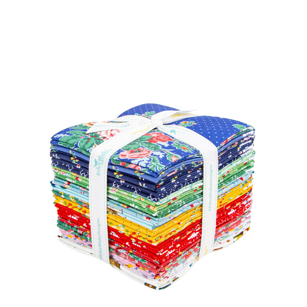 Stack of colorful fabric squares tied with a white ribbon on a white background