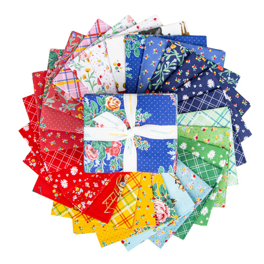 Collection of colorful fabric squares with various patterns on a white background