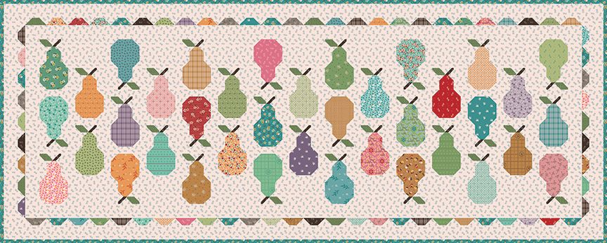 A quilted table runner featuring a repeating pattern of stylized pears in various colors and textures, framed by a decorative border.