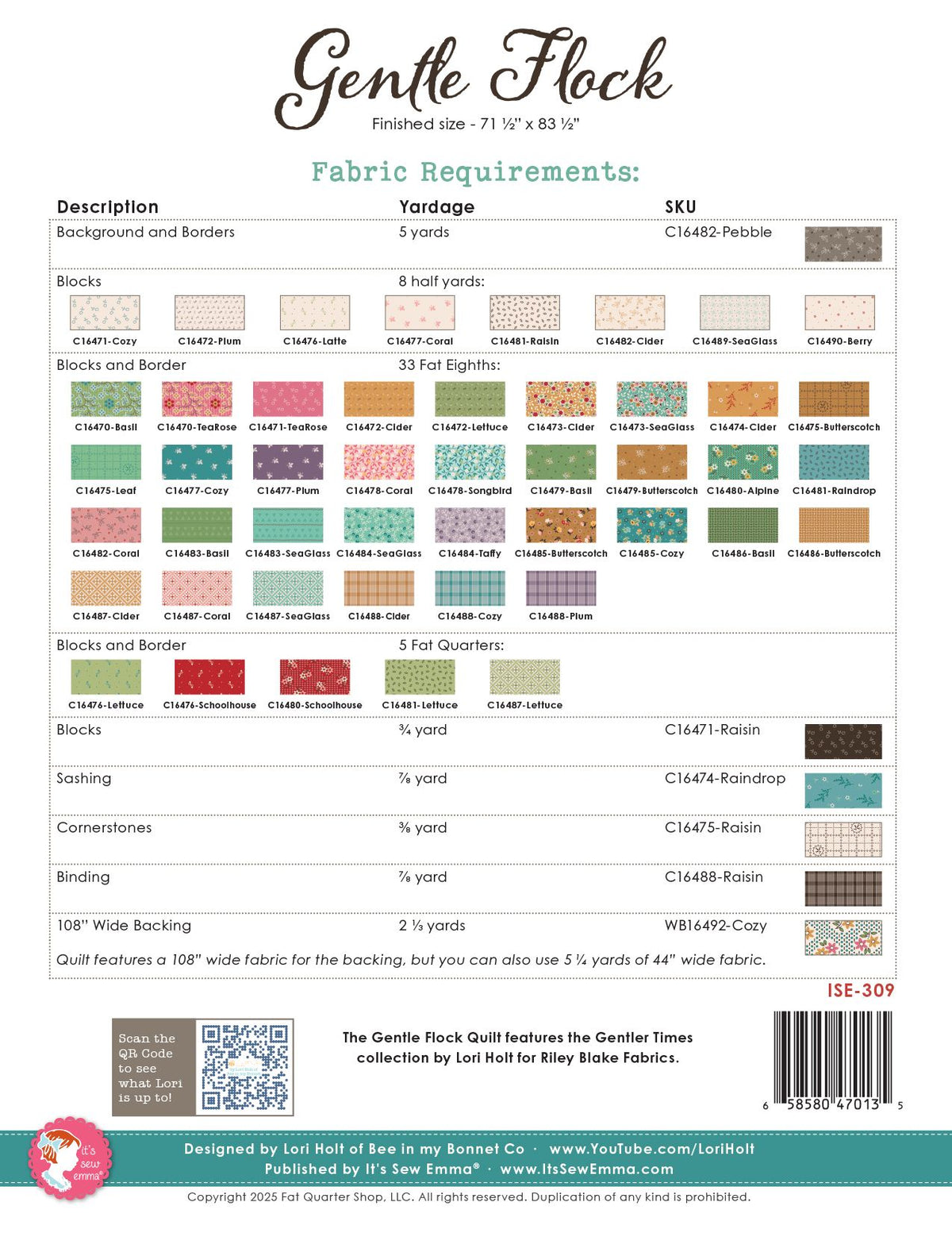A fabric requirements chart for Gentle Flock, showing a grid of fabric swatches, yardage requirements for different blocks and borders, SKU codes, a QR code, and branding information for Lori Holt of Bee in my Bonnet.