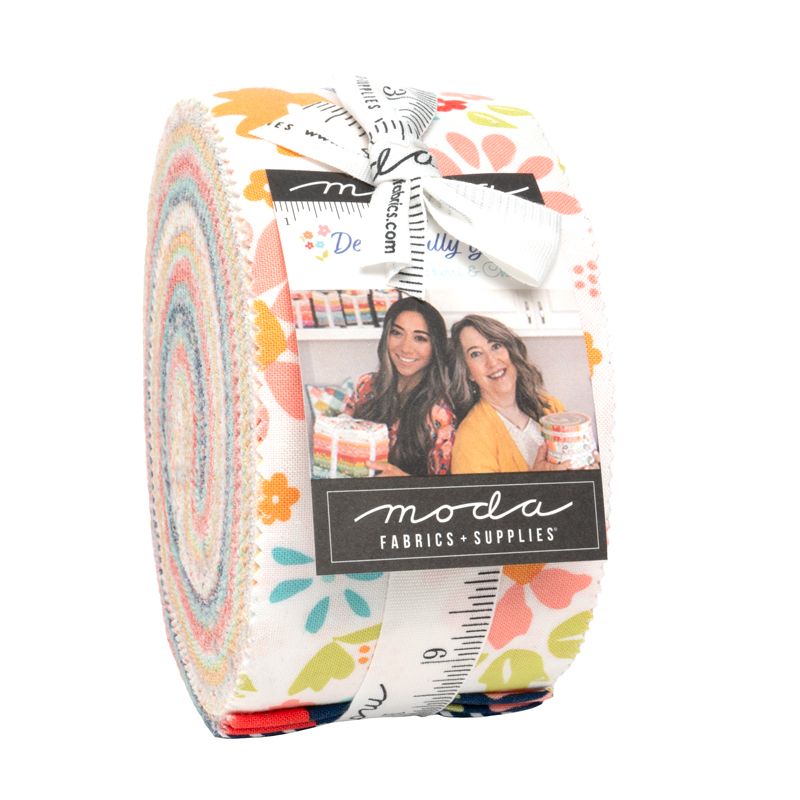 Roll of fabric with colorful pattern and 'Moda' branding on a white background