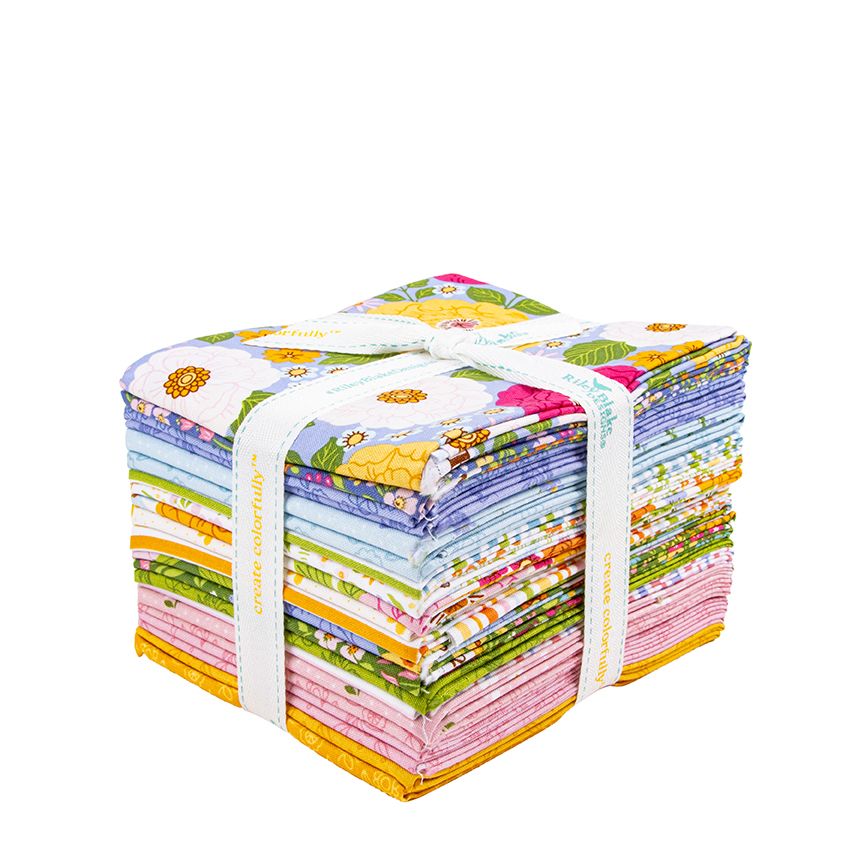 A bundle of folded patterned fabric pieces tied with a white ribbon, shown on a plain white background. The fabrics feature various colorful floral and nature-themed prints.
