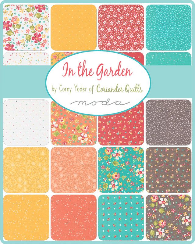 A quilt pattern cover titled 'In the Garden' by Corey Yoder of Coriander Quilts, featuring a grid of colorful floral and patterned fabric squares around a central white oval title card.