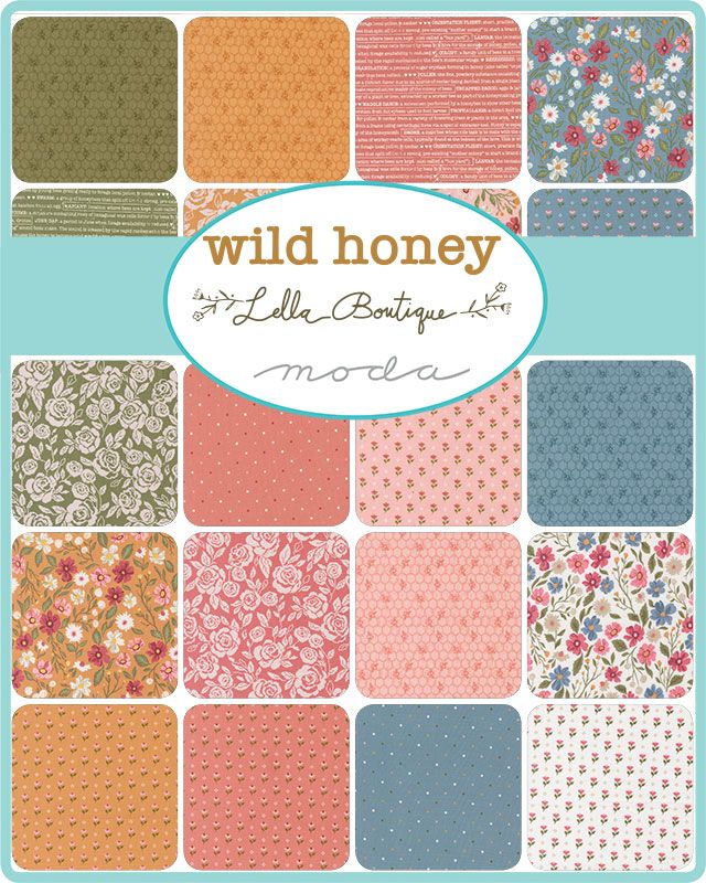 Collection of fabric swatches with 'wild honey' by Lella Boutique Moda on a blue background