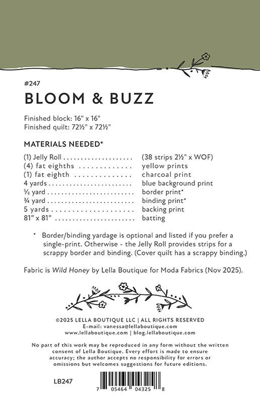 Pattern back with material requirements and branding information.