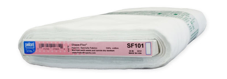A roll of Pellon Shape-Flux fabric, model SF101, shown on a white background with its pink and blue label visible.