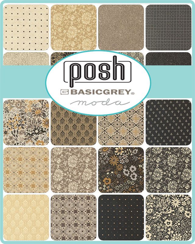 Collection of fabric swatches with 'posh' and 'BasicGrey Moda' branding on a teal background.