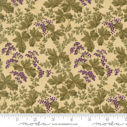 Fabric pattern with green leaves and purple berries on a parchment background, featuring Moda label.