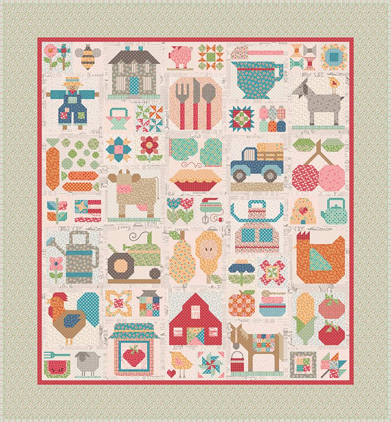 Colorful quilt with farm-themed patterns on a light background