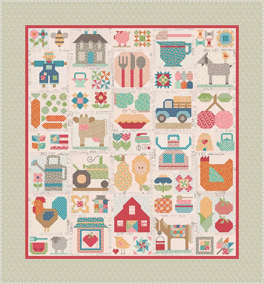 Colorful quilt with farm-themed patterns on a light background