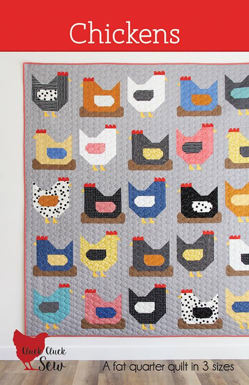 Quilt pattern with colorful chickens on a gray background, featuring the brand 'Cluck Cluck Sew'.