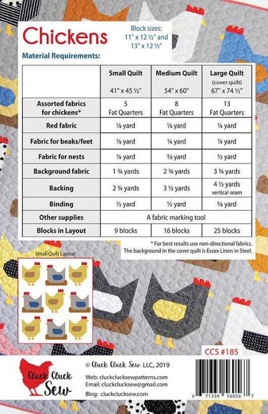 Pattern back cover for a quilt design featuring chickens with material requirements and layout diagram.