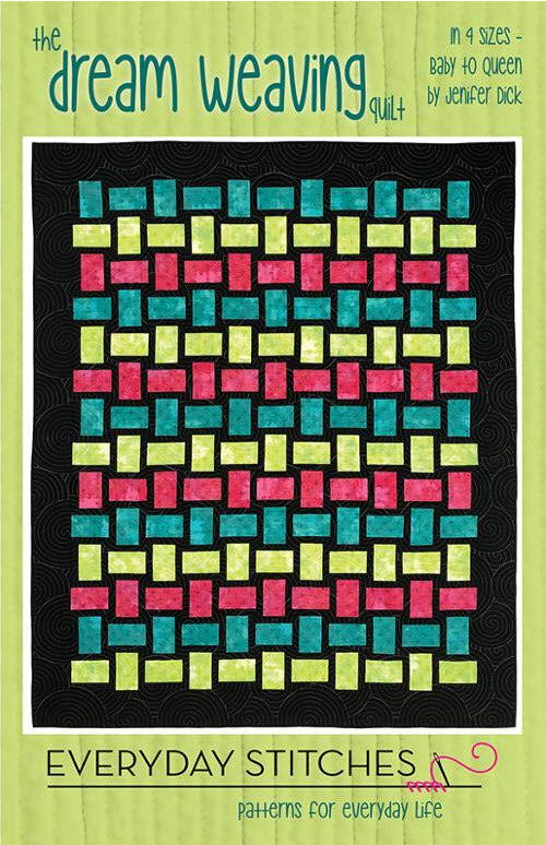 Front cover of the quilt pattern 'The Dream Weaving Quilt' by Jenifer Dick from Everyday Stitches patterns. The cover features a central graphic of a woven basket quilt design in pink, teal, and lime green on a black background, set against a light green textured backdrop.