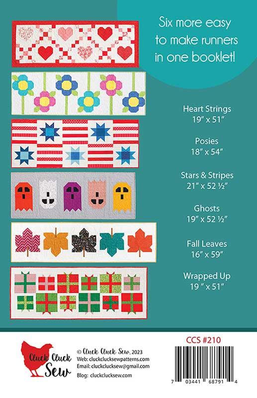 Back cover of a quilting pattern booklet showing six different quilt runner designs with illustrations and text listing the sizes: Heart Strings, Posies, Stars & Stripes, Ghosts, Fall Leaves, and Wrapped Up. The cover has a teal background with a red chicken logo for Cluck Cluck Sew patterns.