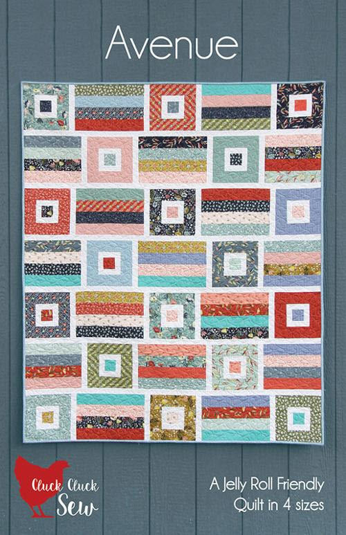 A quilt pattern cover titled 'Avenue' showing a patchwork quilt design with many colorful square blocks arranged in a grid. The quilt is displayed against a dark gray wood-plank background, with the brand 'Cluck Cluck Sew' shown in a red logo at the bottom left and text at the bottom right reading 'A Jelly Roll Friendly Quilt in 4 sizes'.